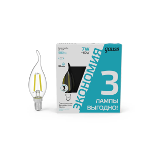 Gauss Лампа Filament Свеча на ветру 7W 580lm 4100К Е14 LED (3 лампы в упаковке) 1/20