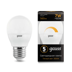 Лампа Gauss LED шарик диммируемый E27 7W 3000К