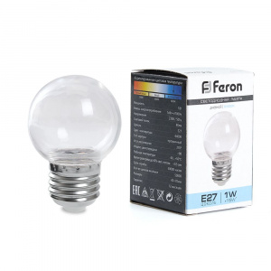 FERON Лампа светодиодная LB-37 Шарик прозрачный E27 1W 2700K