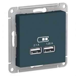 Systeme (Schneider) Electric  ATLASDESIGN USB РОЗЕТКА, 5В, 1 порт x 2,1 А, 2 порта х 1,05 А, механизм, ИЗУМРУД