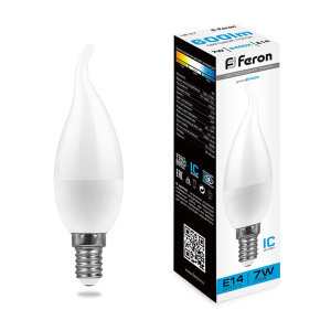FERON Лампа светодиодная 7W, 230V E14 6400K на ветру C37T, LB-97