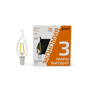 Gauss Лампа Filament Свеча на ветру 7W 550lm 2700К Е14 LED (3 лампы в упаковке) 1/20