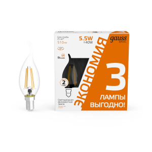 Gauss Лампа Basic Filament Свеча на ветру 5,5W 510lm 2700К Е14 LED (3 лампы в упаковке) 1/20
