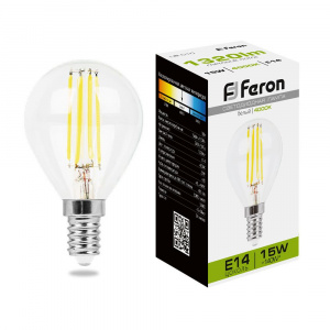 FERON Лампа светодиодная, (15W) 230V E14 4000K прозрачная, LB-515