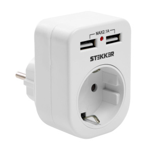 STEKKER Переходник сетевой с/з (+ 2 USB 2,1А), 250В, 16A, ADP16-24-20, белый