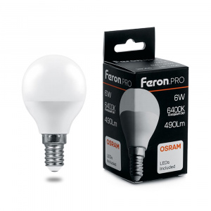 FERON PRO Лампа светодиодная LB-1406 (6W) 230V E14 6400K G45 OSRAM LED*