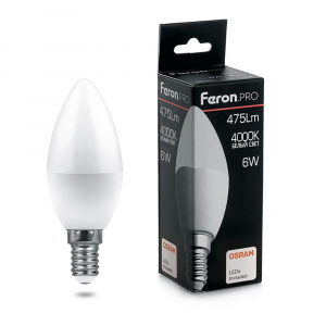 FERON PRO Лампа светодиодная LB-1306 (6W) 230V E14 4000K C37 свеча OSRAM LED*