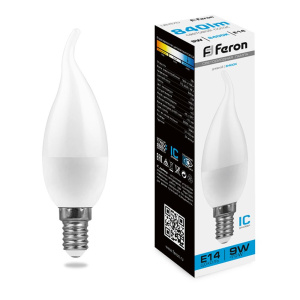 FERON Лампа светодиодная 9W, 230V E14 6400K свеча на ветру C37Т, LB-570
