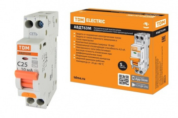 TDM Автоматический Выключатель Дифференциального тока одномодульный АВДТ 63М C25 10мА 4,5кА