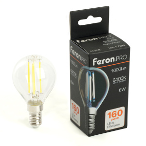 Изображение товара FERON Лампа светодиодная, 1000LM 6W 175-265V E14 6400K G45 прозрачная, LB-1706