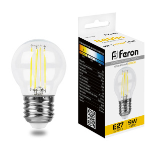 FERON лампа светодиодная шарик филамент, 9W 230V E27 2700K прозрачная, LB-509 от оптового интернет-магазина Макел25.