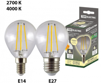 Лампа светодиодная "Филамент" G45-6 Вт-230 В-4000 К–E14 TDM