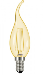 GENERAL лампа светодиодная прозрачный филамент свеча на ветру GLDEN-CWS-7-230-E14-4500 золотое стекло