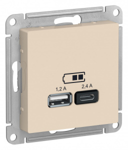 Systeme (Schneider) Electric  ATLASDESIGN USB РОЗЕТКА A+С, 5В/2,4А, 2х5В/1,2А, механизм, БЕЖЕВЫЙ
