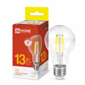 IN HOME Лампа светодиодная LED-A60-deco 13Вт 230В Е27 3000К 1370Лм прозрачная