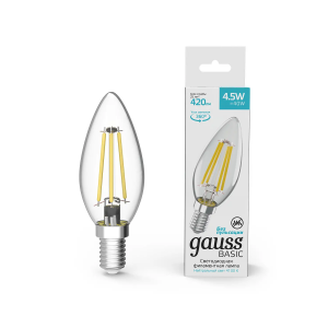 Gauss Basic Лампа Filament Свеча 4,5W 420lm 4100К Е14 LED