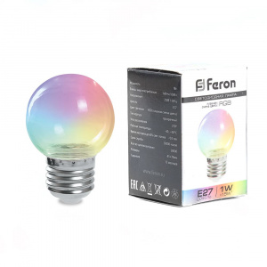 FERON Лампа светодиодная LB-37 Шарик прозрачный E27 1W RGB плавная смена цвета