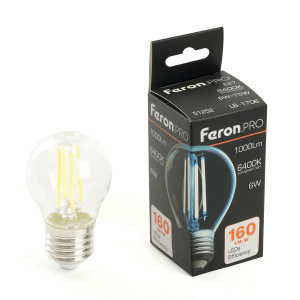 Изображение товара FERON Лампа светодиодная, 1000LM 6W 175-265V E27 6400K G45 прозрачная, LB-1706