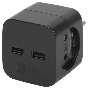 ЭРА Разветвитель электрический SP-2-USB-B на 2 розетки 220V + 2xUSB 2400mA, без заземл 10А (черный)