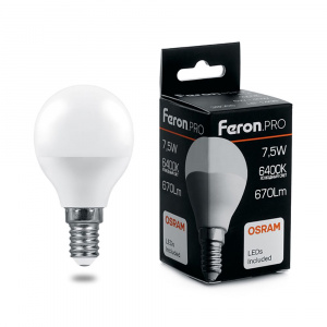 FERON PRO Лампа светодиодная LB-1407 (7.5W) 230V E14 6400K G45 OSRAM LED*