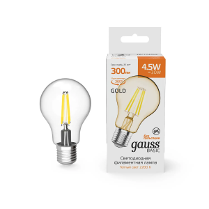 Gauss Лампа Basic Filament А60 4,5W 300lm 2200К Е27 golden LED 1/10/40