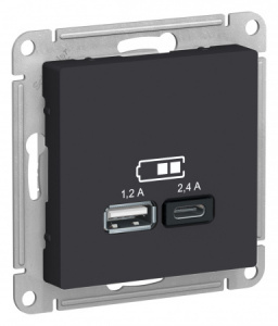Systeme (Schneider) Electric  ATLASDESIGN USB РОЗЕТКА A+С, 5В/2,4А, 2х5В/1,2 А, механизм, КАРБОН