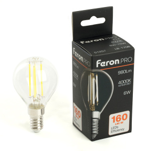 Изображение товара FERON Лампа светодиодная, 980LM 6W 175-265V E14 4000K G45 прозрачная, LB-1706
