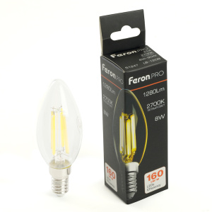Изображение товара FERON Лампа светодиодная, 1280LM 8W 175-265V E14 2700K C35 прозрачная, LB-1208