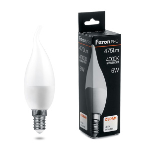 Изображение товара FERON PRO Лампа светодиодная LB-1306 (6W) 230V E14 4000K C37T свеча на ветру OSRAM LED
