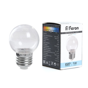 FERON Лампа светодиодная, (1W) 230V E27 6400K G45 прозрачная, LB-37