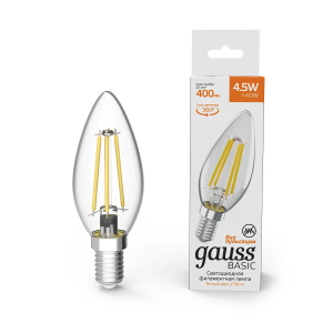 Gauss Basic Лампа Filament Свеча 4,5W 400lm 2700К Е14 LED