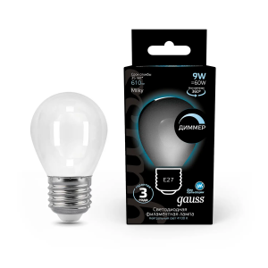 Gauss Лампа Filament Шар 9W 610lm 4100К Е27 milky диммируемая LED 1/10/50