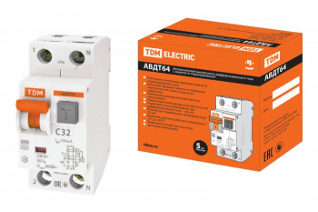 АВДТ 64 2Р(1Р+N) C32 100мА тип А защита 265В - Автоматический Выключатель Дифференциального тока  TDM