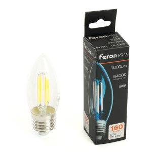 Изображение товара FERON Лампа светодиодная, 1000LM 6W 175-265V E27 6400K C35 прозрачная, LB-1206
