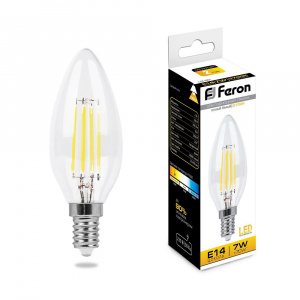 FERON свеча светодиодная прозрачная E-14 7W филамент теплая, LB66*