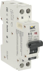 ARMAT Автоматический выключатель дифференциального тока B06S 1P+NP B6 30мА тип AC (18мм) IEK