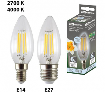 Лампа светодиодная "Филамент" С37-6 Вт-230 В-4000 К–E27 TDM