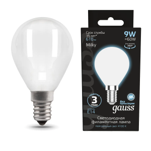 Gauss Лампа Filament Шар 9W 610lm 4100К Е14 milky LED 1/10/50