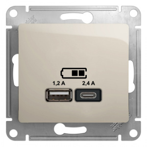 Systeme (Schneider) Electric  GLOSSA USB РОЗЕТКА A+С, 5В/2,4А, 2х5В/1,2 А, механизм, МОЛОЧНЫЙ