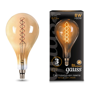 Gauss лампа светодиодная Vintage Filament Flexible A160 8W E27 160*300mm Amber 620lm 2400K