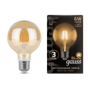 Gauss лампа светодиодная филамент G95 E27 6W Golden 2400K