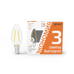 Gauss Лампа Filament Свеча 7W 550lm 2700К Е14 LED (3 лампы в упаковке) 1/20