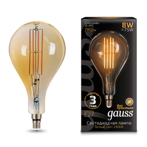 Gauss лампа светодиодная Vintage Filament A160 8W E27 160*300mm Amber 780lm 2400K