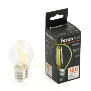 Изображение товара FERON Лампа светодиодная, 960LM 6W 175-265V E27 2700K G45 прозрачная, LB-1706