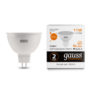 Лампа Gauss Elementary MR16 11W 850lm 3000K GU5.3 LED